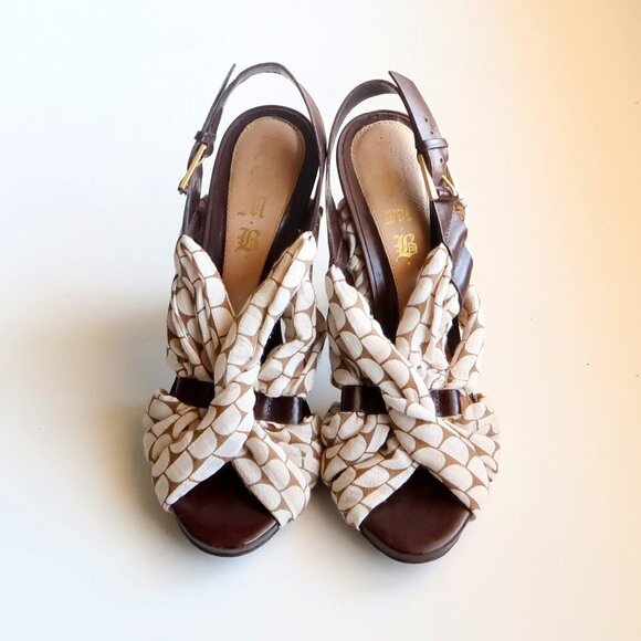 LAMB Brown Leather & Cream Canvas Sling-back Open Toe Sandals / Heels / Shoes 7. - Picture 2 of 14